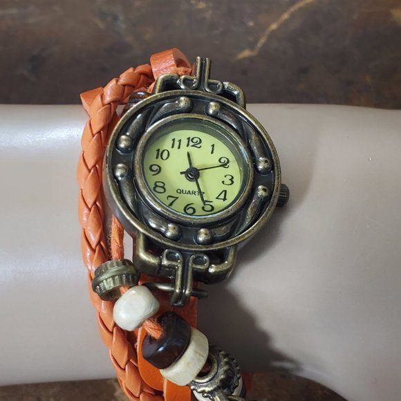 Beaded Bracelet Boho Watch - Leaf Charm - Orange - Picture 9 of 9